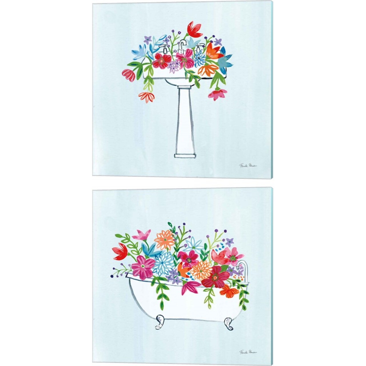 Floral Bathroom Light Blue by Farida Zaman 14" x 14" Canvas Wall Art (Set of 2)